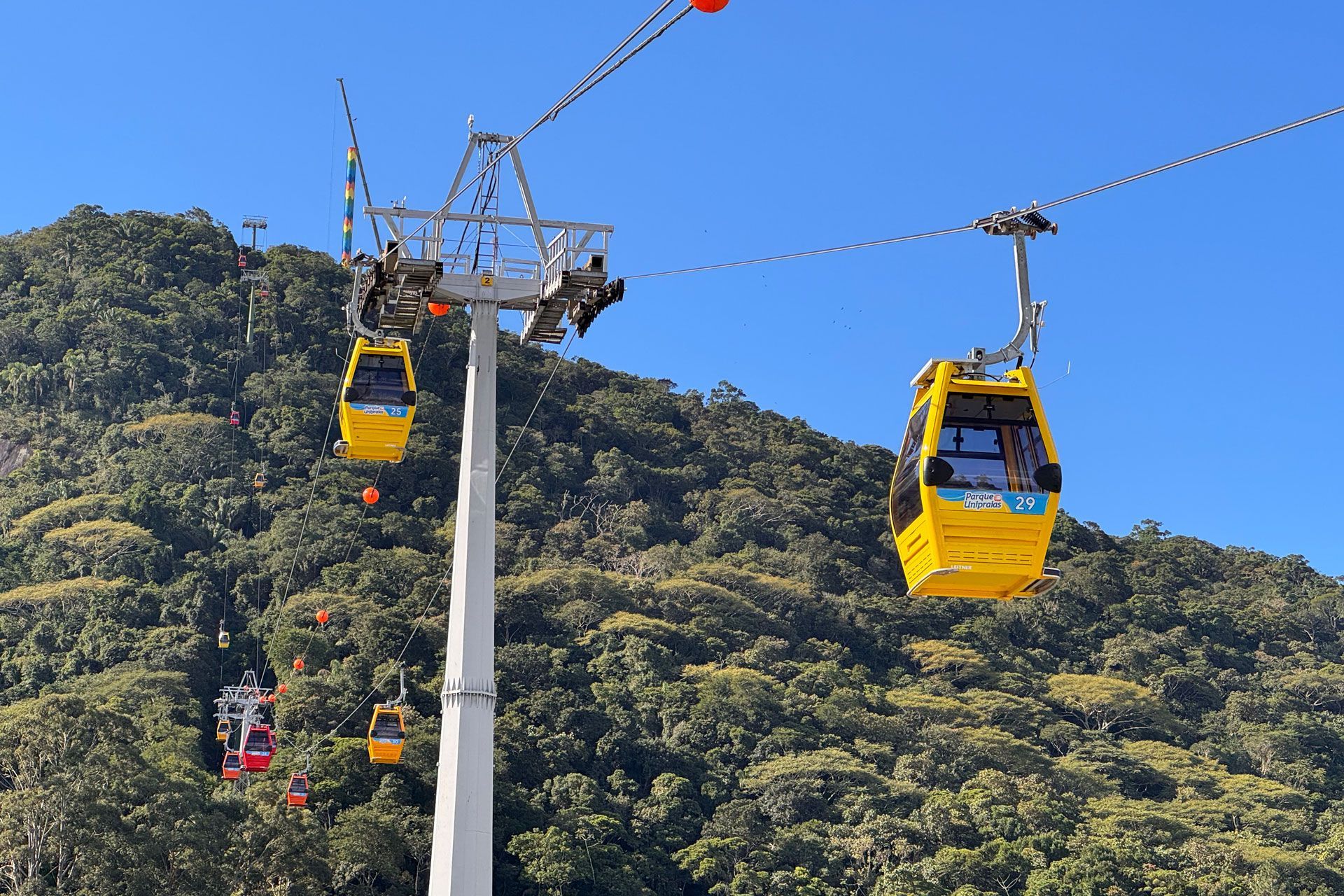 Teleféricos subindo e descendo uma encosta verdejante sob um céu azul claro. Carros amarelos e vermelhos são visíveis.