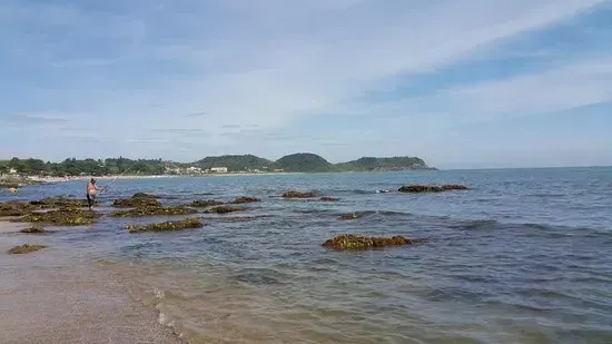 Uma pessoa está em águas rasas perto de uma costa rochosa. Céu e oceano azuis; uma fileira de árvores ao longe.