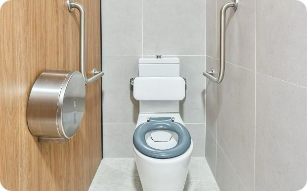 A White Toilet With a Blue Seat in a Public Restroom — Moltus Construction in Braddon,  ACT