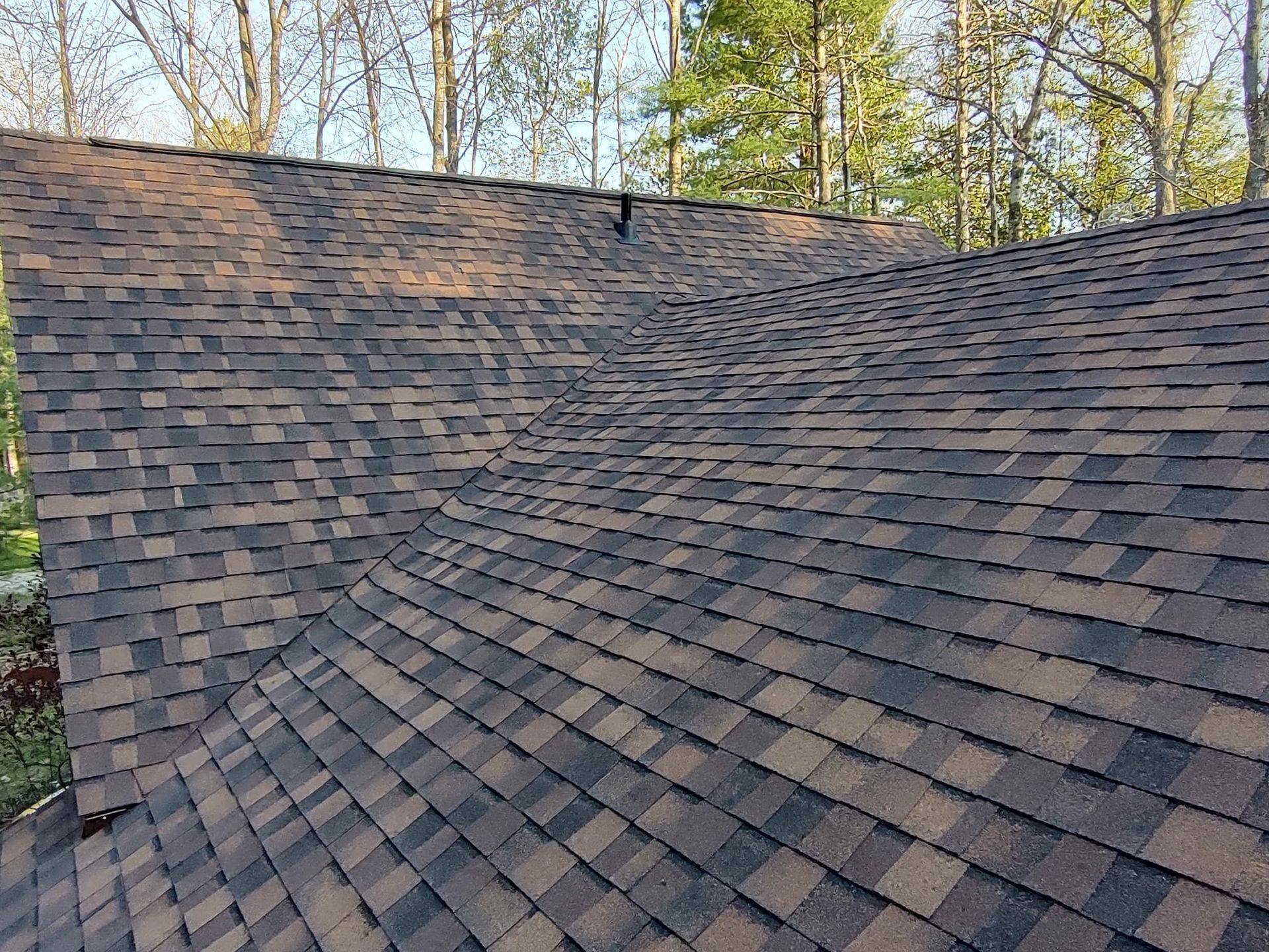 a close up of a roof with a lot of shingles and trees in the background .