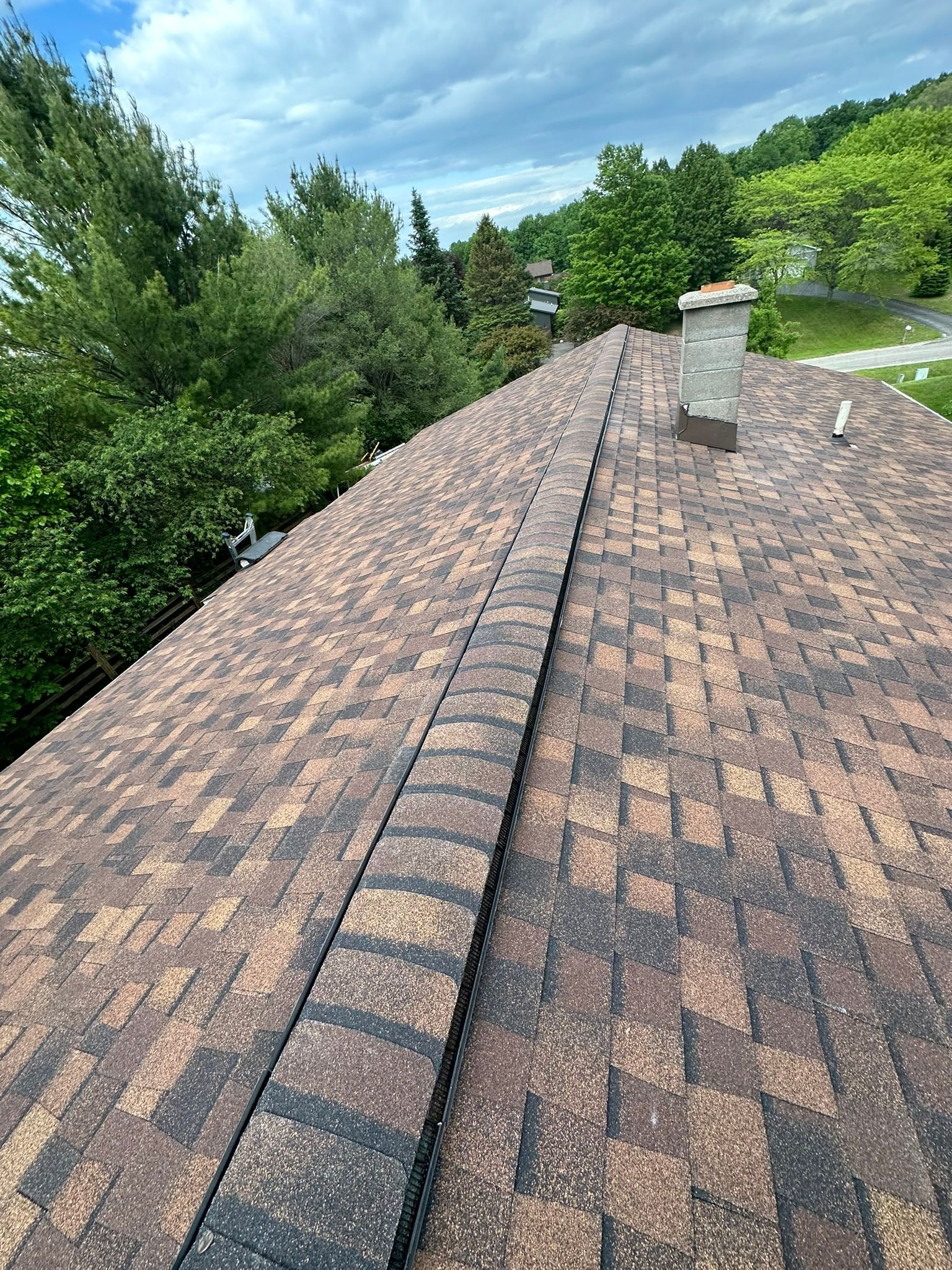 A close up of a roof with a chimney and trees in the background.
