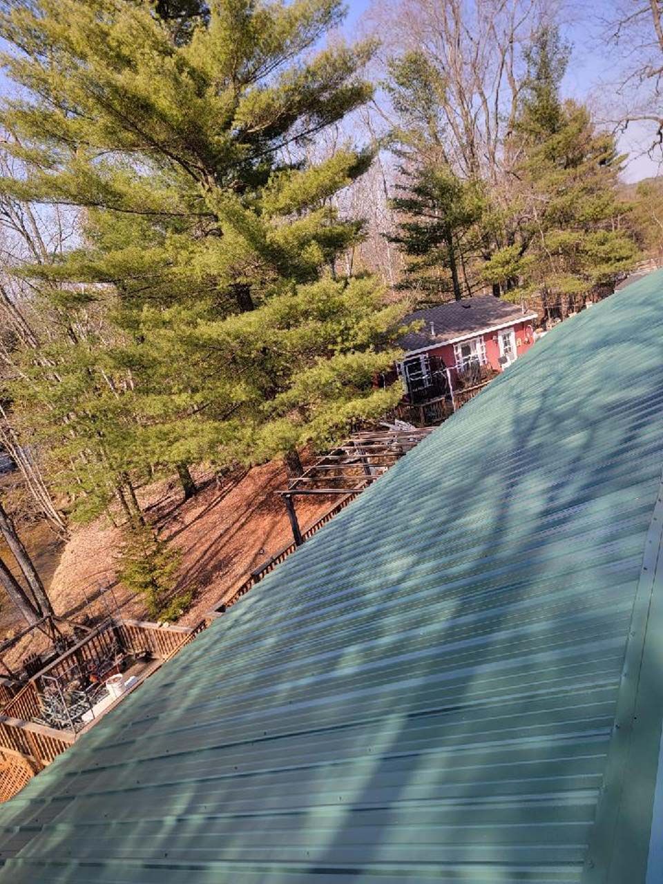 A green roof with trees in the background and a house in the background.