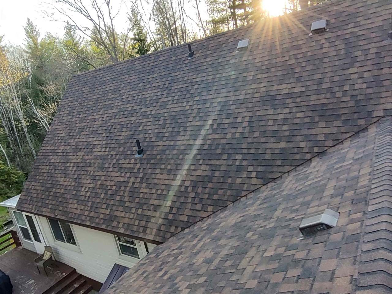 The sun is shining through the trees on the roof of a house.