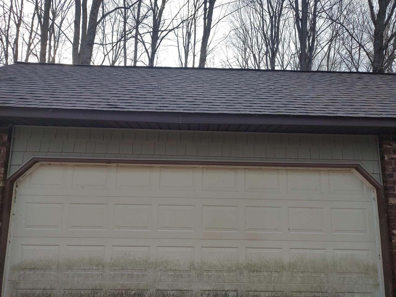A garage door with a roof and trees in the background.