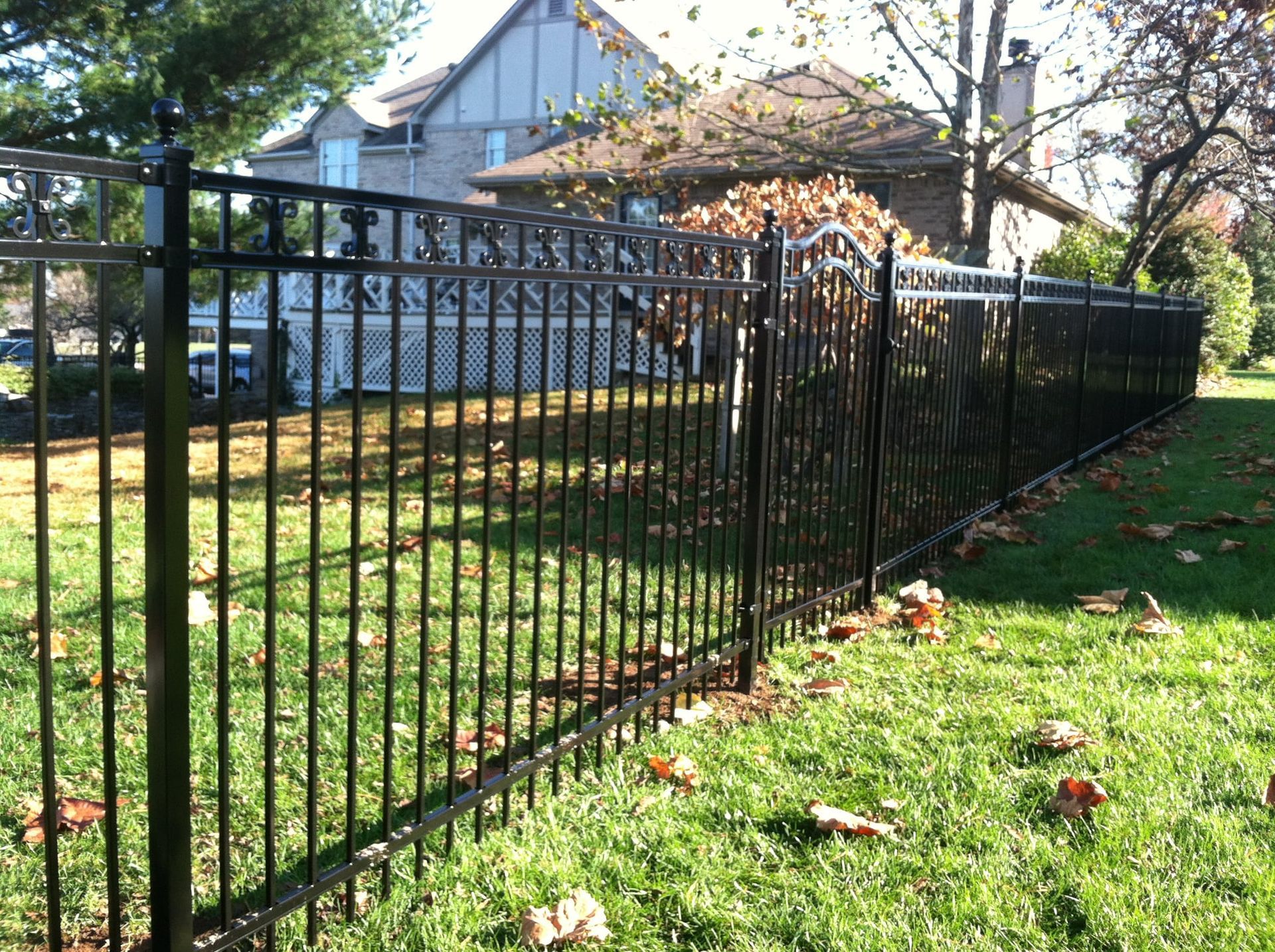 Black metal fence along a grassy yard beside a house under trees