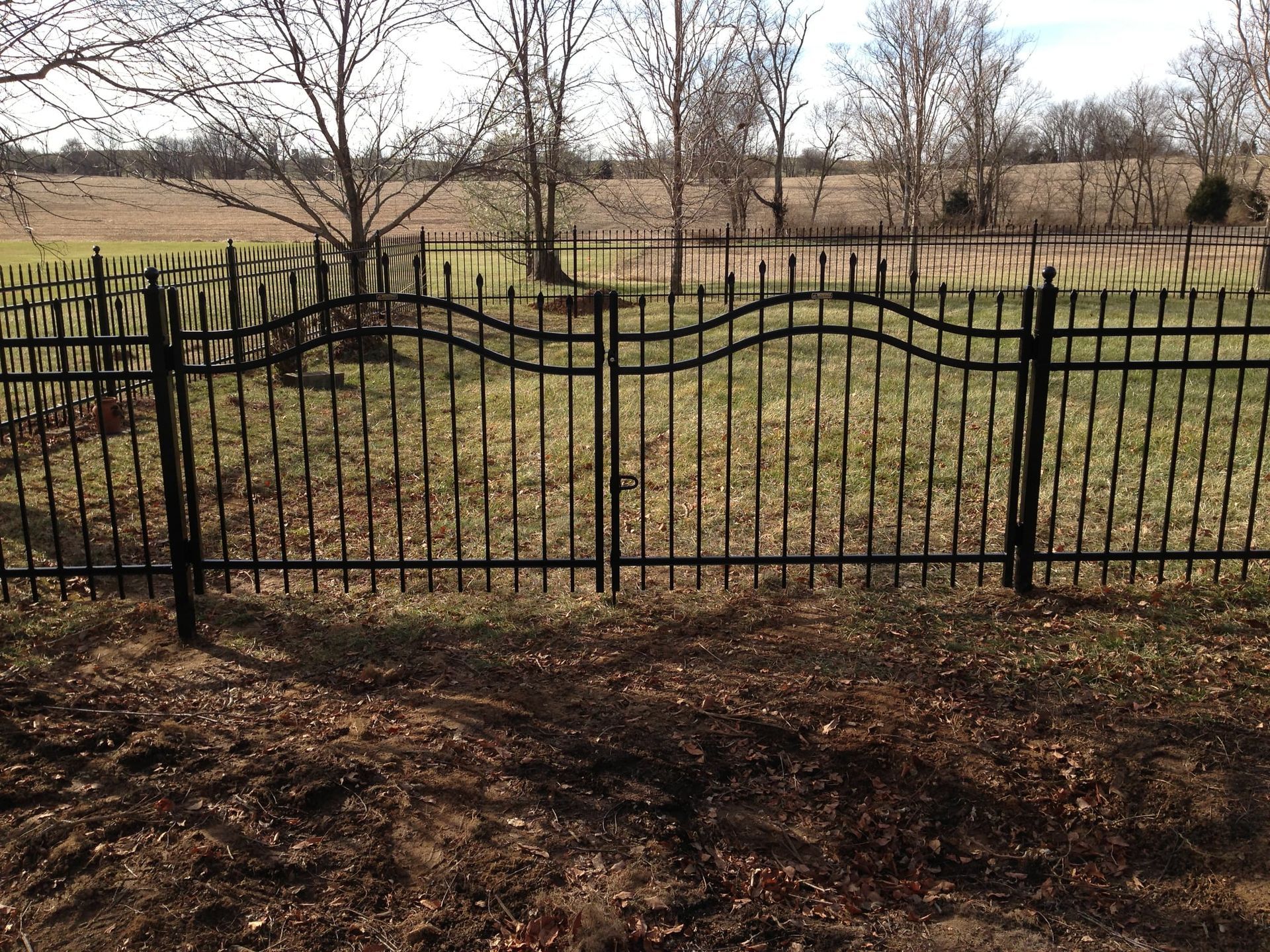 Black metal fence in a leafless park or field with muddy ground and bare trees in the background