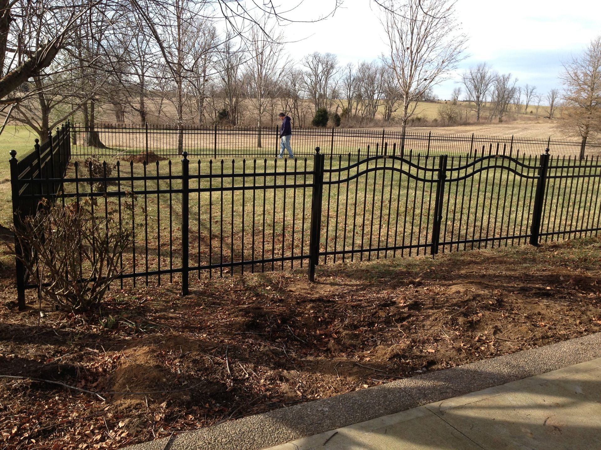 Black metal fence in a leaf-covered park with two people in the distance under bare trees