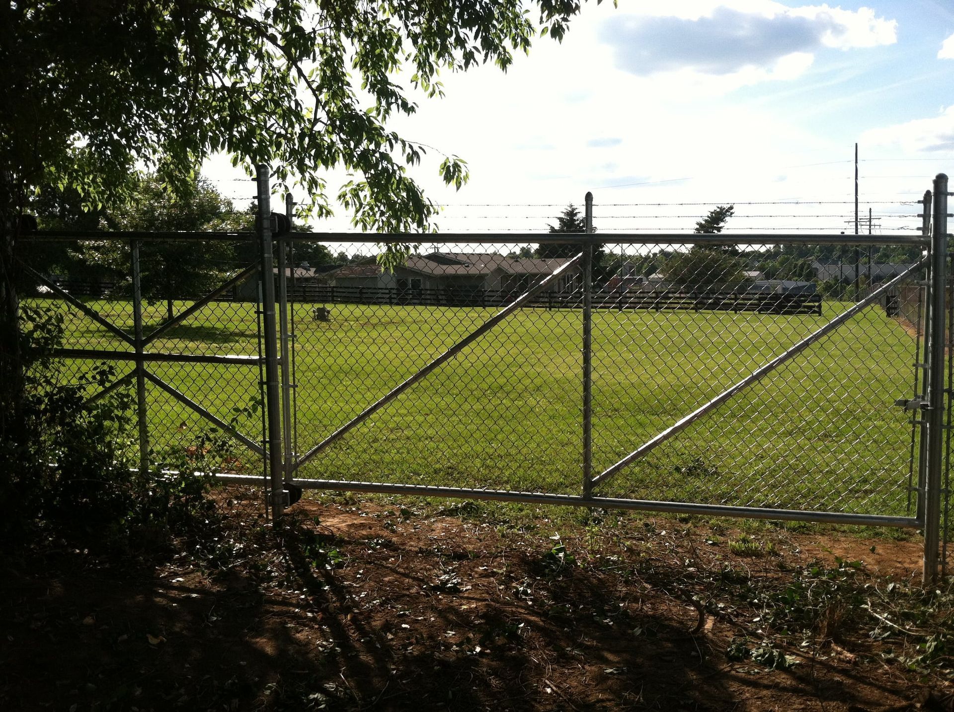 Chain-link gate in a grassy field with trees and a bright sky in the background