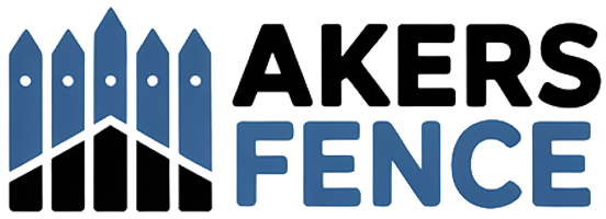 AKERS FENCE logo with blue and black fence graphic and bold text