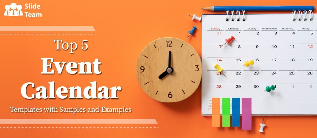 An orange background with a clock, calendar, and colored sticky notes for event planning.
