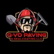 Logo for Q-VO Paving & Sealcoating LLC featuring a cartoon worker in a red hard hat, sunglasses, and tools on a gold shield.