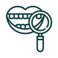 Teeth being examined by a magnifying glass.  Dental health or checkup icon.