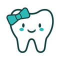 A cartoon tooth with a teal bow, smiling, and blushing.