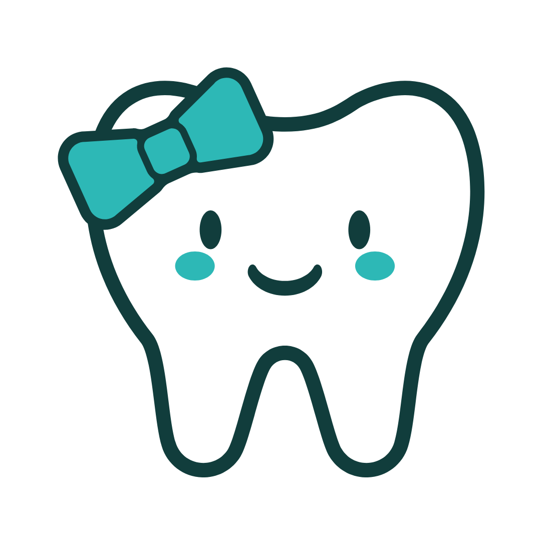 A cartoon tooth with a teal bow, smiling, and blushing.