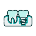 Illustration of a tooth and a dental implant, showing the teeth and bone structure in a turquoise and green color scheme.