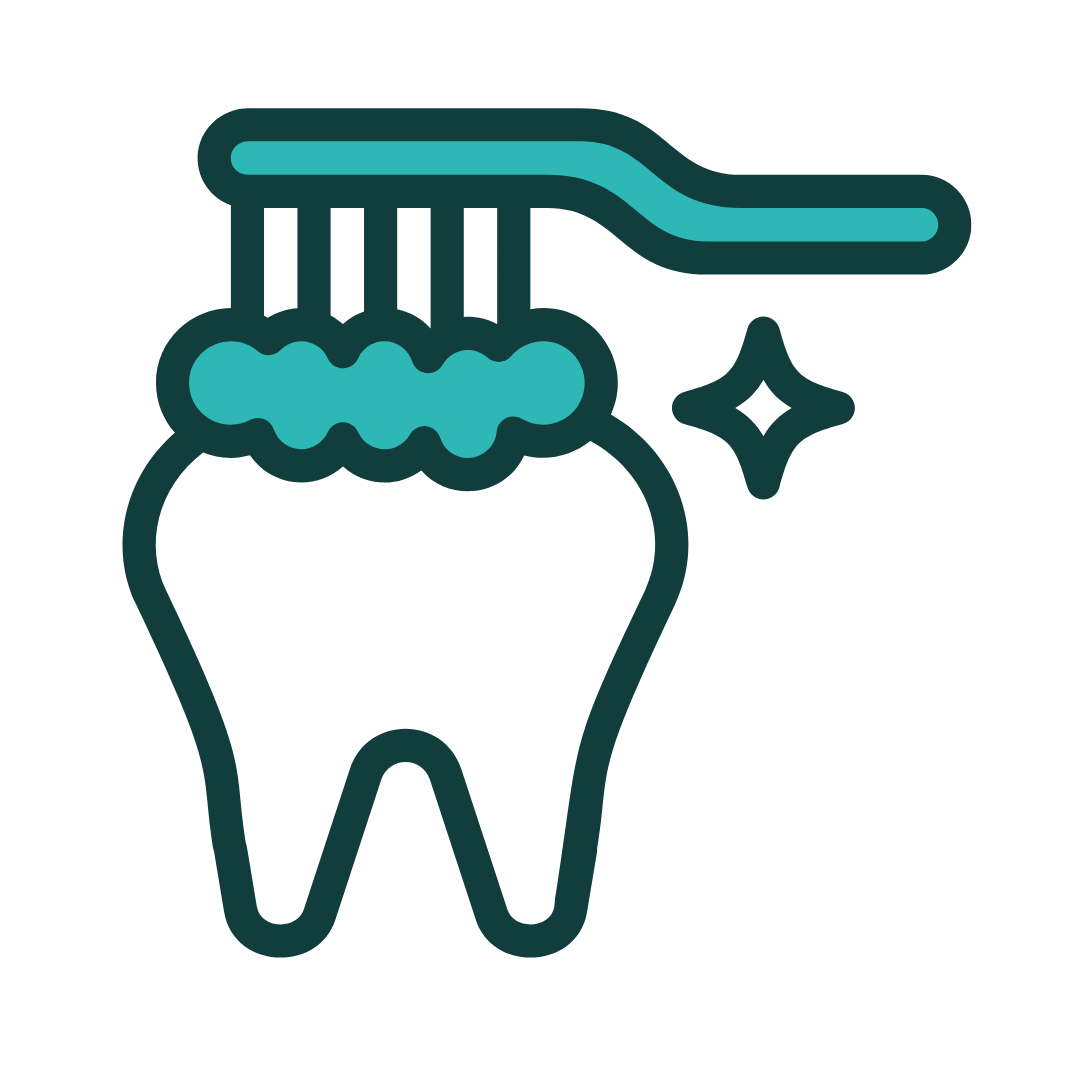 Tooth being brushed with turquoise toothbrush and toothpaste, showing a sparkly clean effect.