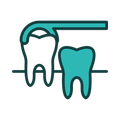 A dental tool removing a white tooth, beside a turquoise tooth.