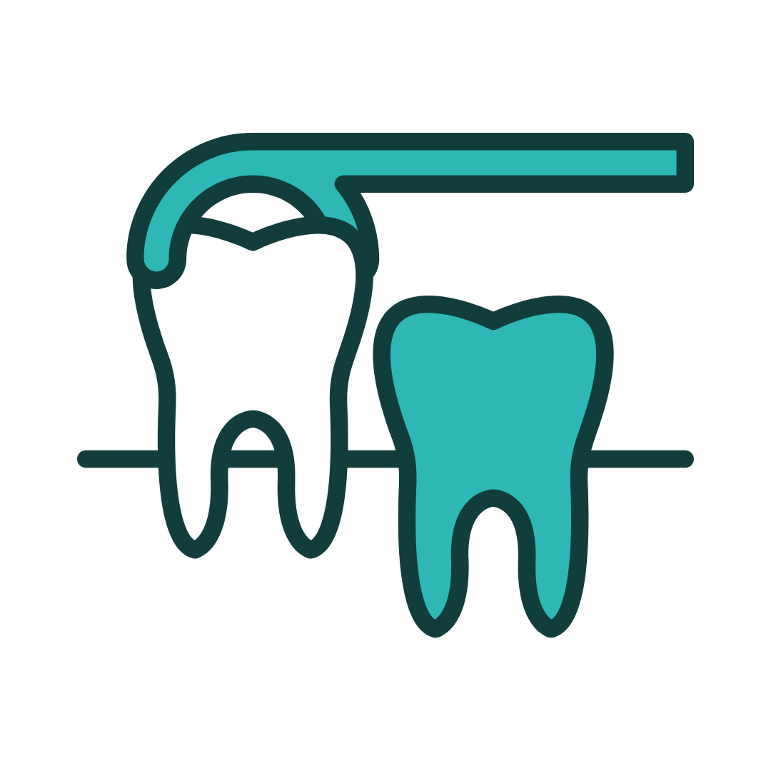 A dental tool removing a white tooth, beside a turquoise tooth.