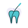 Tooth cross-section with a teal inner core. A thin line and a teal tool depict a root canal procedure.