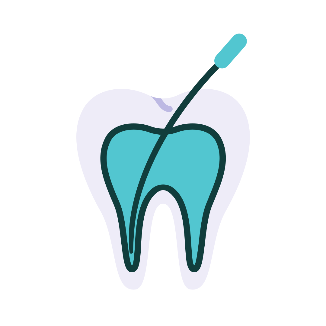 Tooth cross-section with a teal inner core. A thin line and a teal tool depict a root canal procedure.