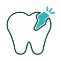 Tooth being brushed with turquoise toothbrush and toothpaste, showing a sparkly clean effect.