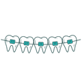 Teeth with teal braces and wires, representing orthodontic treatment.