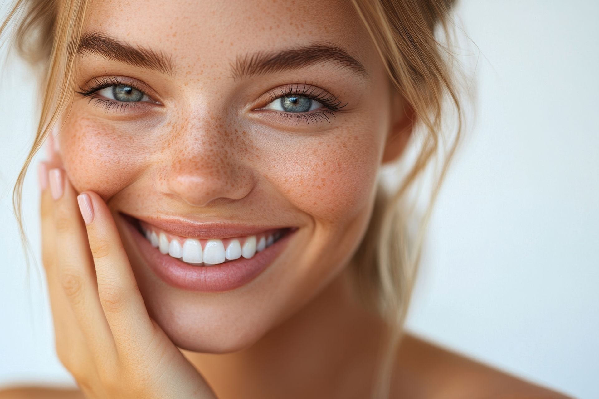 Woman with fair skin, freckles, and blue eyes smiles, touching her cheek.