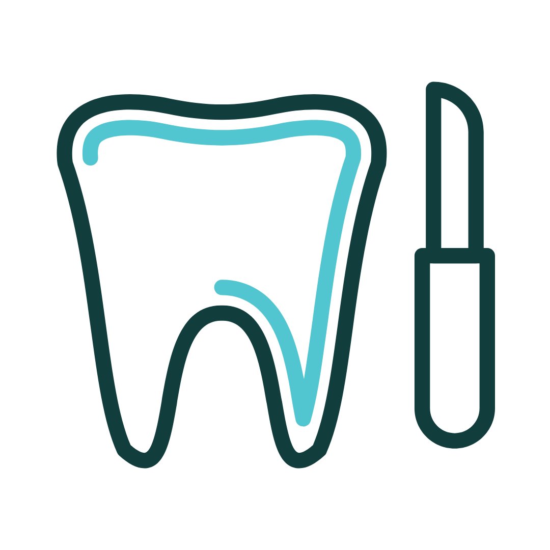 A dental tool removing a white tooth, beside a turquoise tooth.