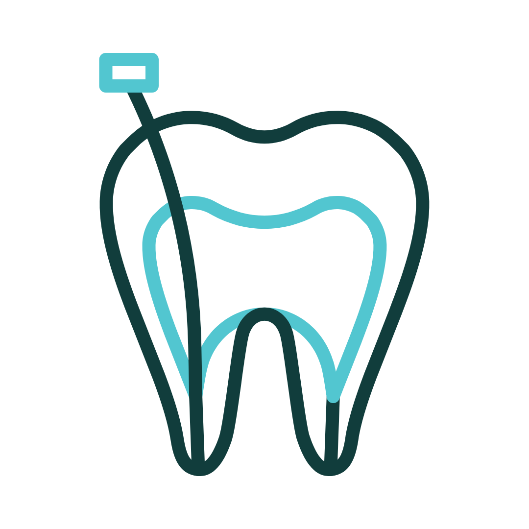 Tooth cross-section with a teal inner core. A thin line and a teal tool depict a root canal procedure.
