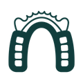 Tooth cross-section with a teal inner core. A thin line and a teal tool depict a root canal procedure.