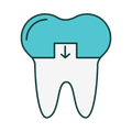 Tooth being brushed with turquoise toothbrush and toothpaste, showing a sparkly clean effect.