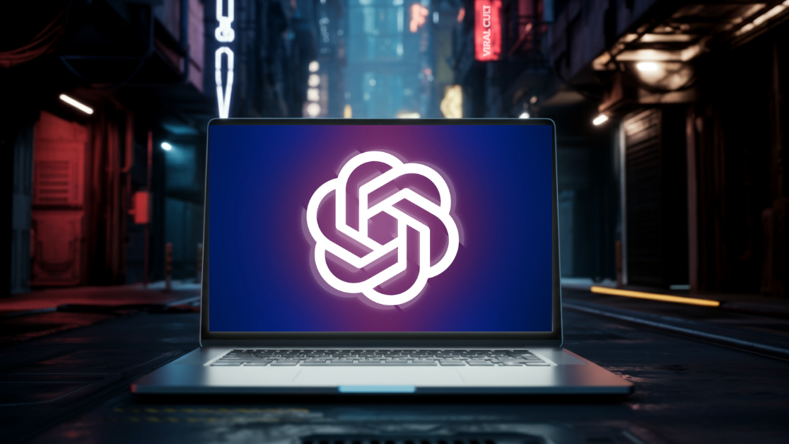 Computer in futuristic scene with the Chatgpt logo on the screen.