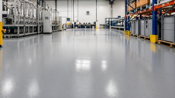 Magazzino industriale vuoto con pavimento grigio lucido e scaffalature su entrambi i lati.