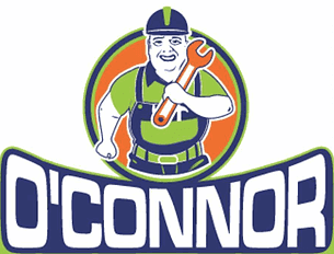 A logo for o'connor shows a man holding a wrench