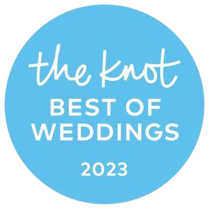 The Knot Best of Weddings 2023 award logo, blue circle with white text.