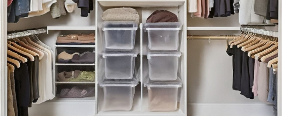Closet decluttering tips by clear containers 