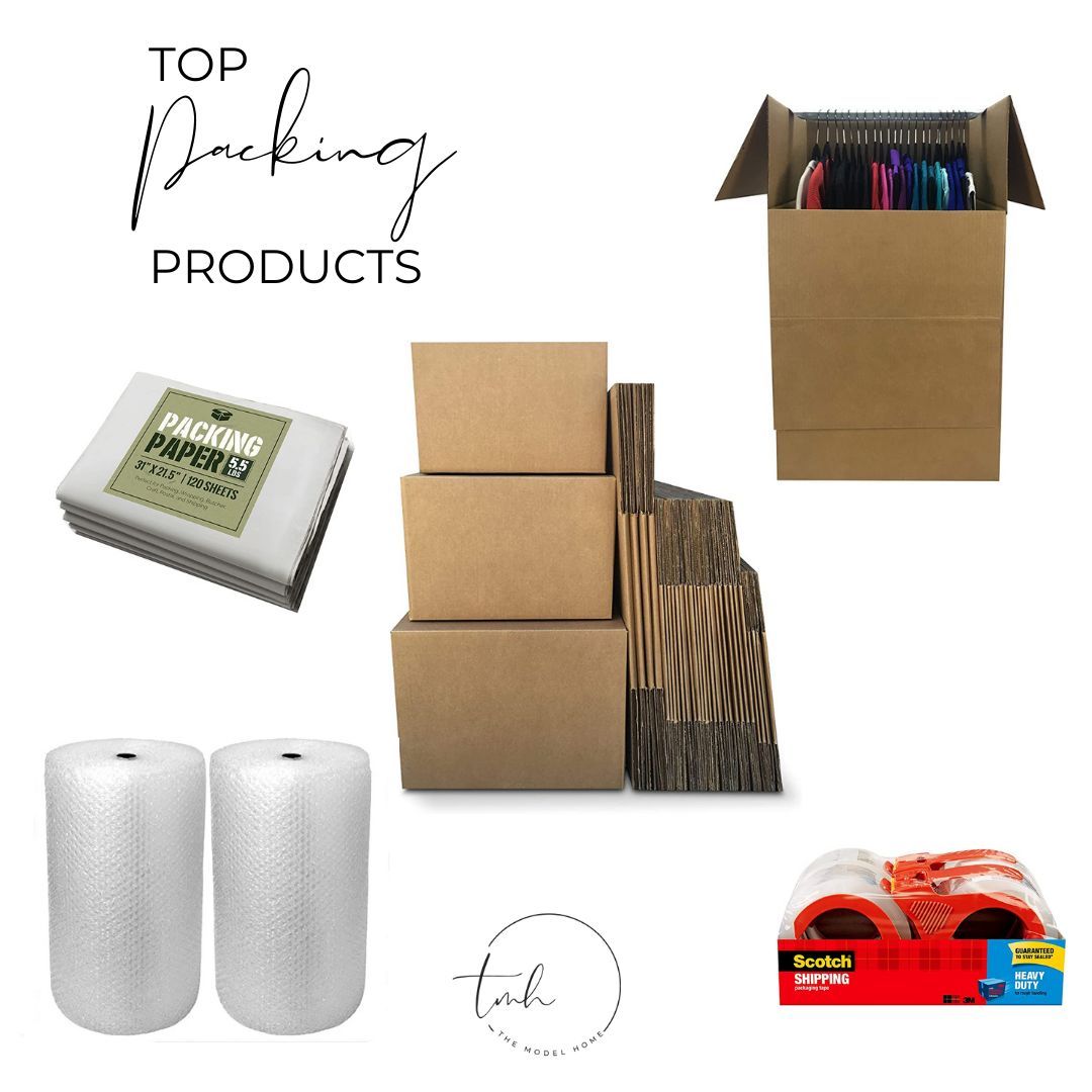 A collage of packing products including boxes and tape