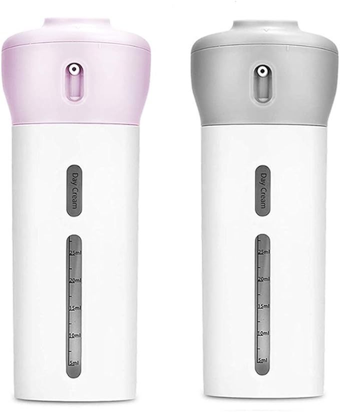 Two bottles , one pink and one gray , are sitting next to each other on a white surface.