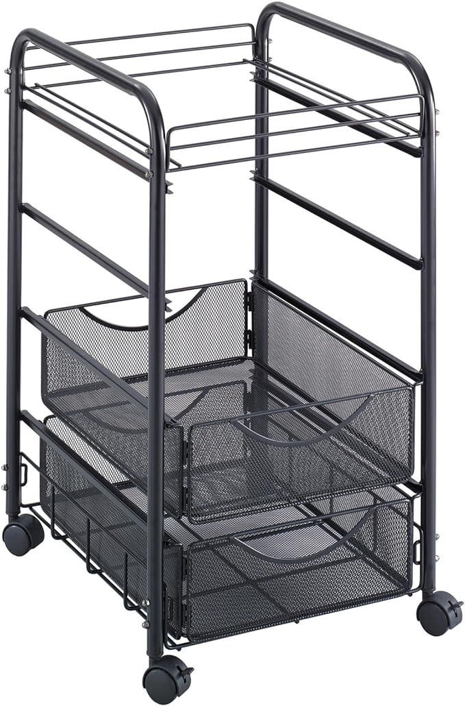 A black wire cart with drawers and wheels on a white background.