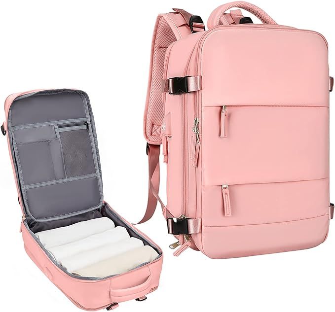 A pink backpack with a towel inside of it.