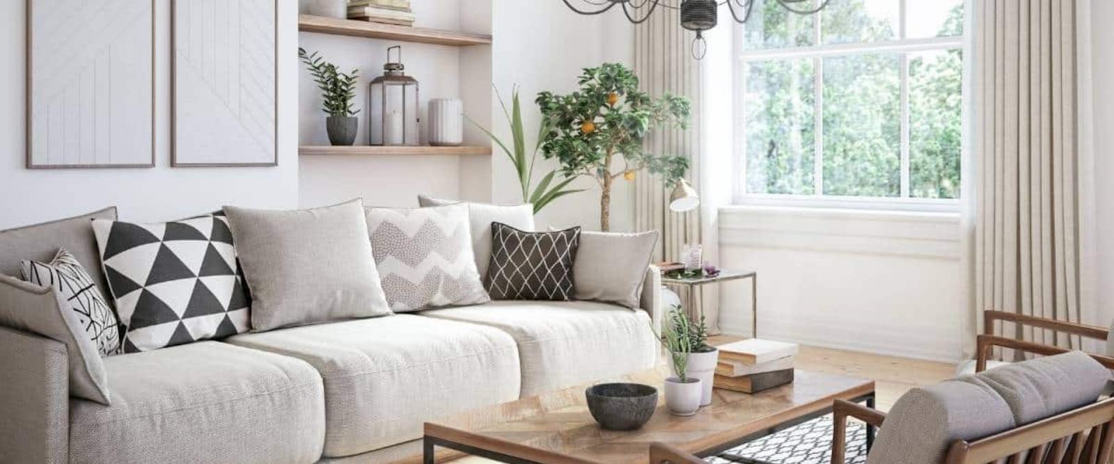 Clutter-free living room set up by professional home organizers