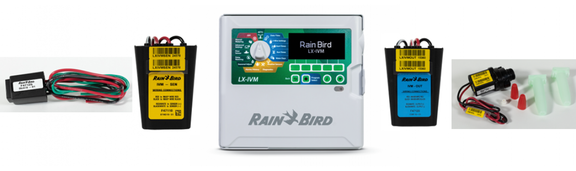 Irrigation system components: controller, surge protector, and water pump.