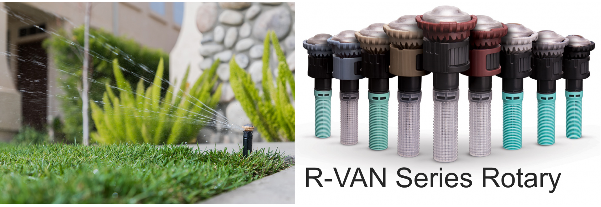Lawn sprinkler watering grass and plants, with a close-up of R-VAN Series Rotary sprinklers.