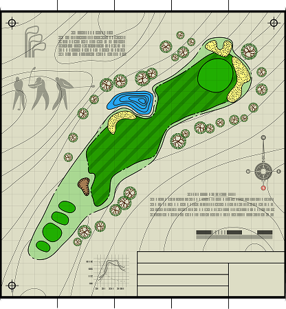 Golf course hole map with green, sand traps, water hazard, trees, and golfer graphic.