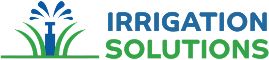 Logo for Irrigation Solutions: Sprinkler with water spraying, grass, and text in blue and green.