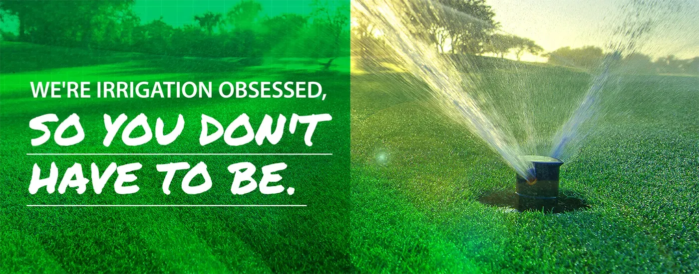 Green lawn with a sprinkler spraying water; text: 