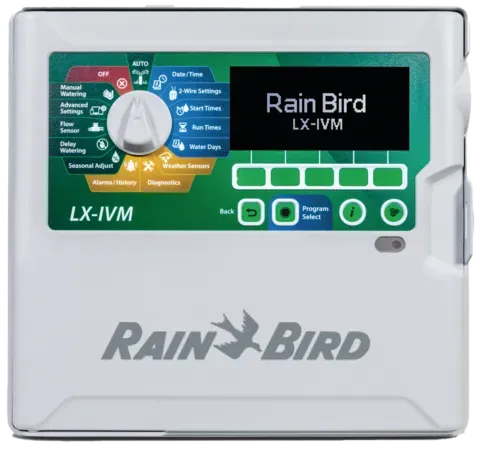White Rain Bird LX-IVM sprinkler system controller with a green and black interface.
