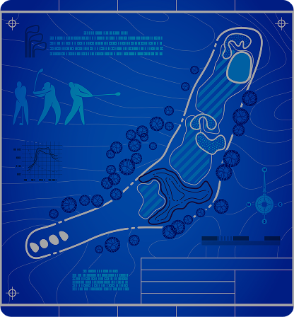 Blue golf course blueprint with golfers, topographic lines, hazards, and a graph.