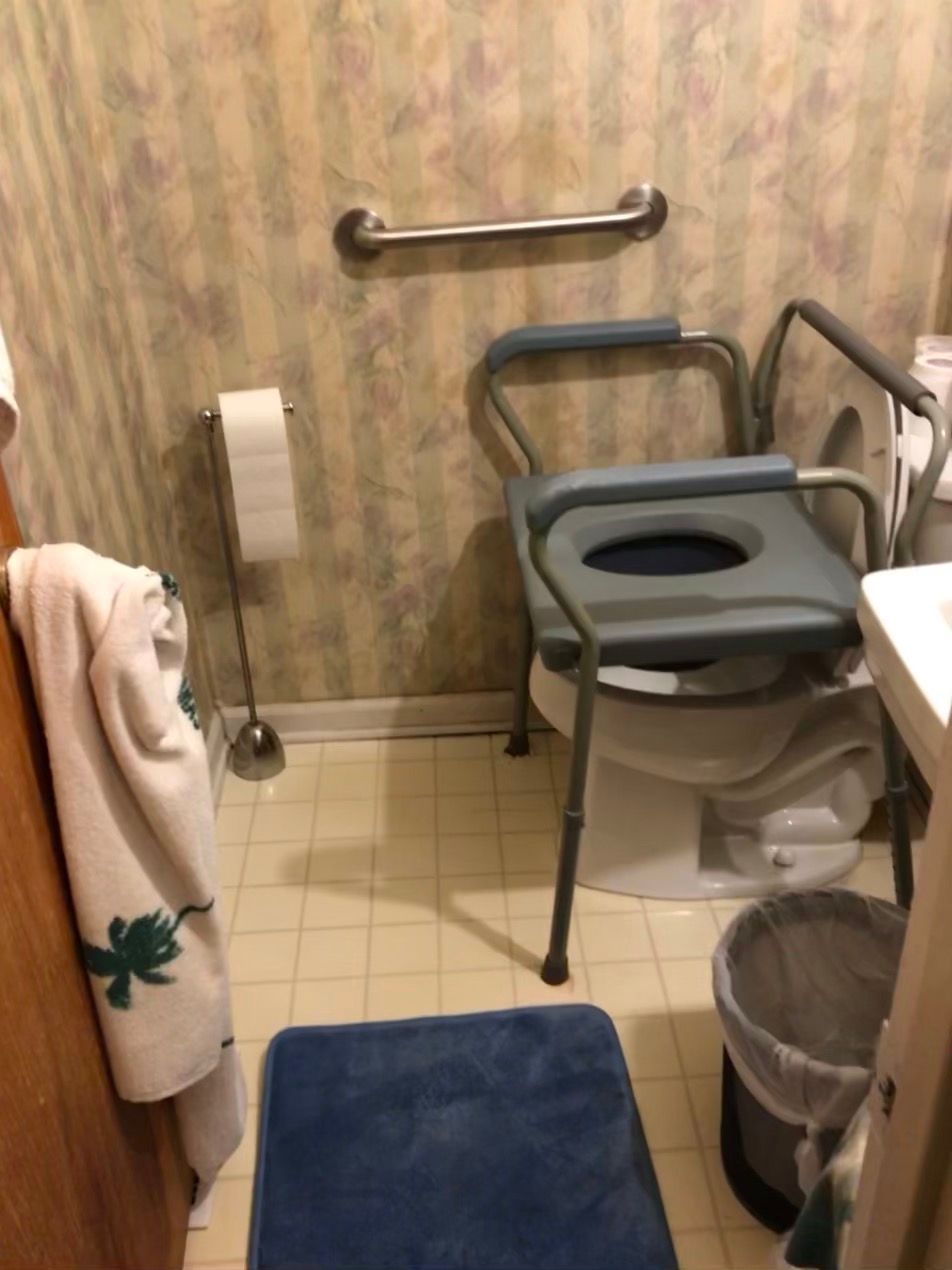 Small bathroom with an elevated toilet seat and grab bar. A blue mat and a towel with a shamrock are visible.