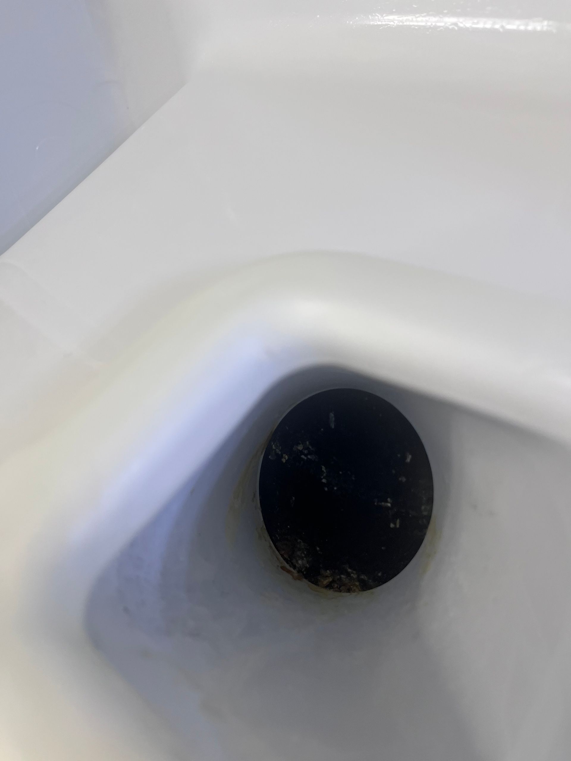 A close-up view inside a white shower drain. A dark, circular drain cover is visible.
